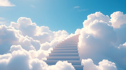 A magical stairway rises through soft, fluffy clouds, glowing with iridescent colors under a vibrant blue sky. Gentle light bathes the scene, creating diffused shadows and delicate reflections. The at
