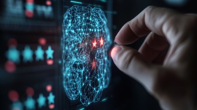 Digital brain interface development technology lab conceptual visualization futuristic environment close-up viewpoint innovation exploration