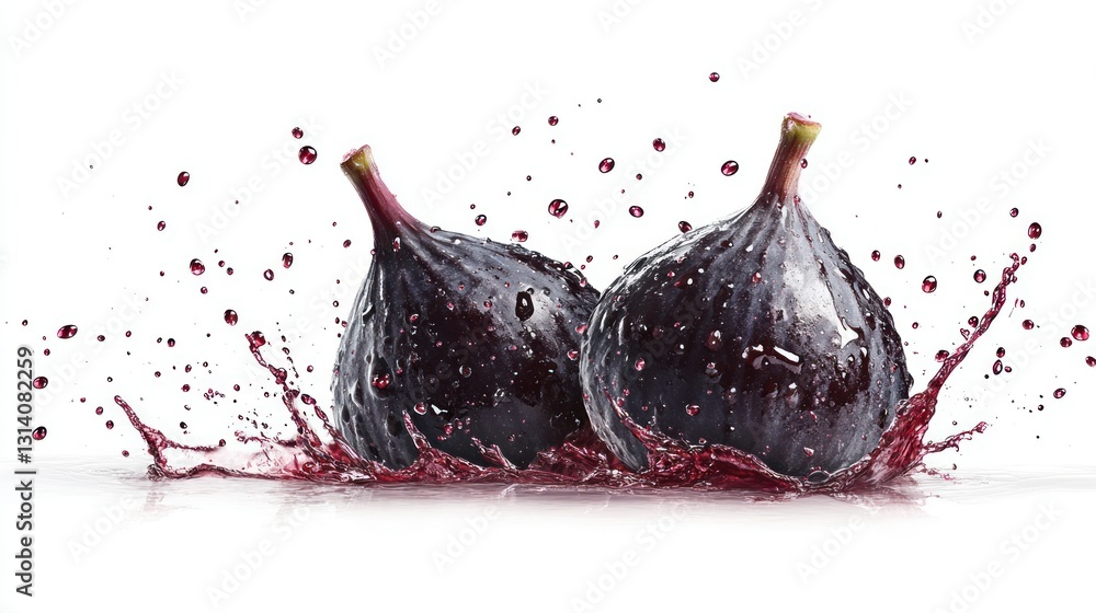 Poster Two fresh ripe figs with red juice splashing around them