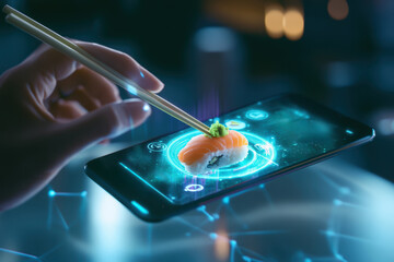 A futuristic holographic smartphone emits a soft blue and purple glow, showcasing advanced technology. Its sleek, cyber-inspired design epitomizes the future of digital communication.