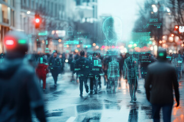 A futuristic interface on a surveillance monitor captures a bustling city street. Facial recognition AI actively scans pedestrians, highlighting advancements in urban security technologies.