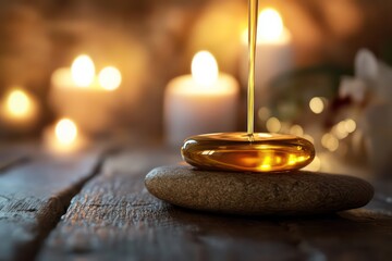 A cozy wellness retreat scene where oil is poured onto a massage stone, ready for a relaxing hot stone therapy