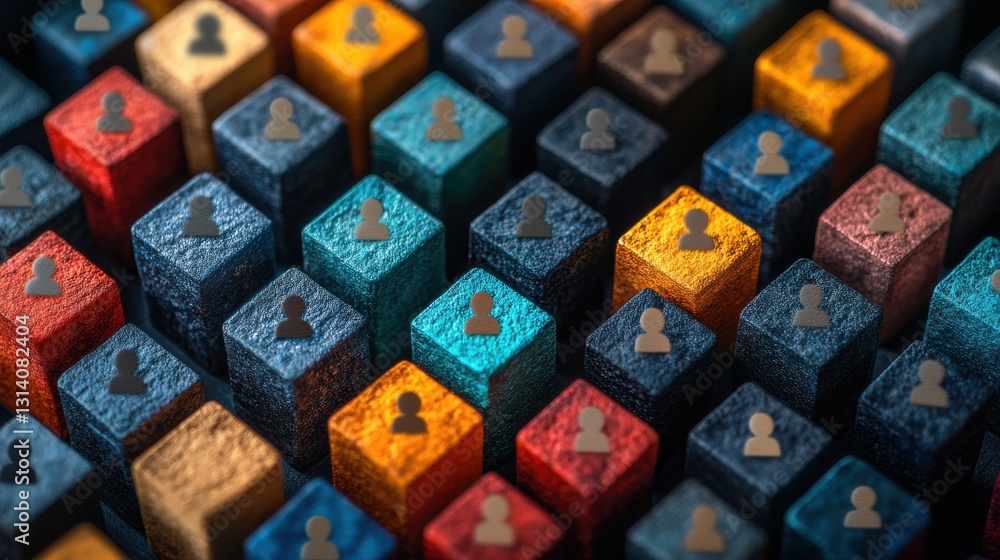 Poster teamwork and creativity concept top view of many people blocks and cubes with icons