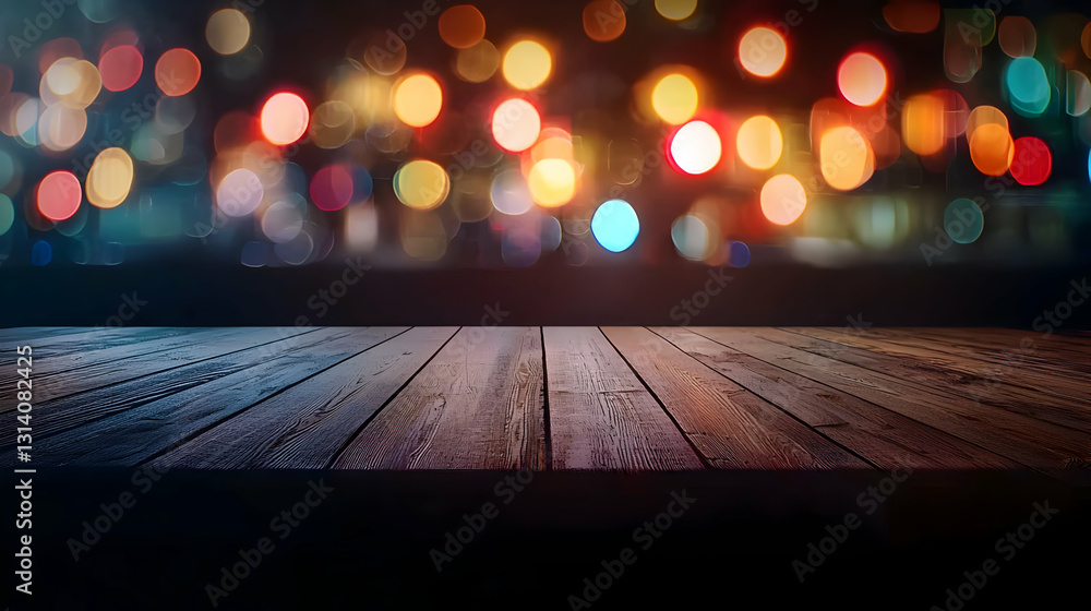 Poster dark wooden table with colorful bokeh lights background for festive holiday product display presenta