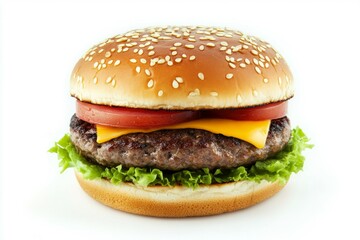 Cheeseburger on white background with lettuce and tomato. AI generated