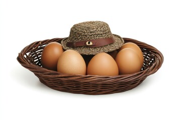 A neatly arranged still-life shot of a simple wicker basket containing brown eggs, isolated on white.