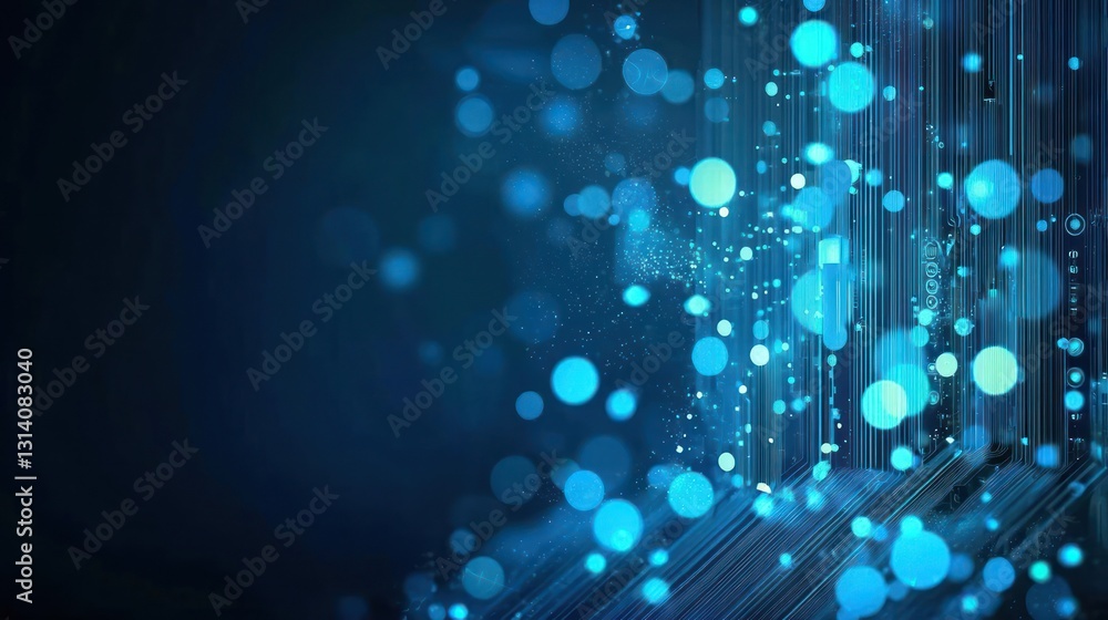 Poster abstract digital blue background with glowing bokeh effects and vertical lines