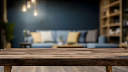 Empty Wooden Table In Focus Against Blurred Background Of Modern Living Room Interior With Sofa Home Decor Elements And Warm Lighting Perfect For Product Placement