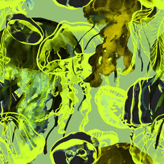 Seamless pattern with ink drawn jellyfish on green background. Textile print with ocean animals. Illustration in collage technic. Design to fabric, surfaces, wear print, covers. Ocean pollution theme.