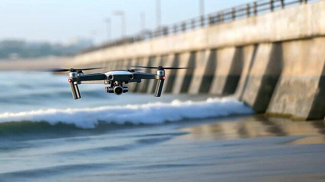 Aerial Drone View of Coastal Sewer Outfall and Waves