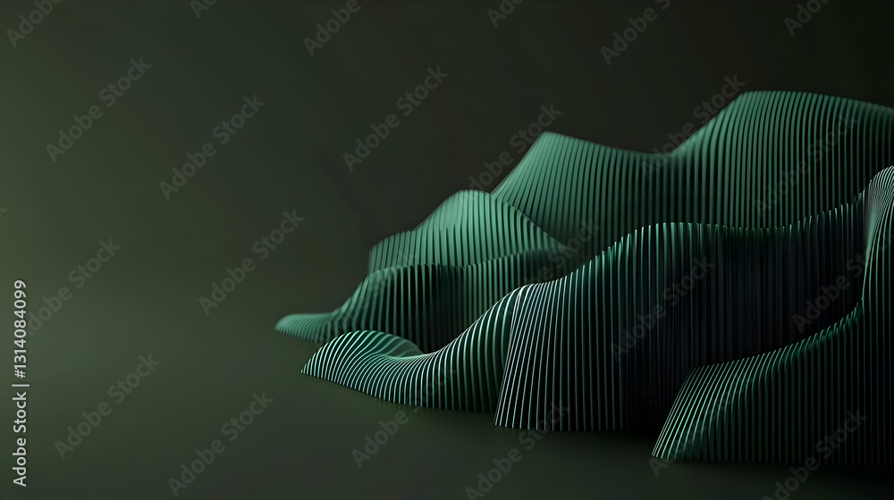 Poster 3d rendered digital art of green illuminated lines flowing in a wave pattern on a dark green backgro