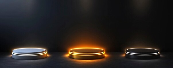 Set of podiums with a light ring on a dark background, a glowing round frame for product presentation in vector illustration. Vector set Freshwater Fly Fishing Lens in white, golden, silver, and black