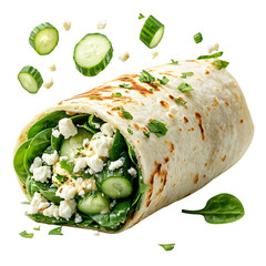 A Fresh Spinach and Feta Wrap with Hummus and Cucumber Isolated on Transparent Background