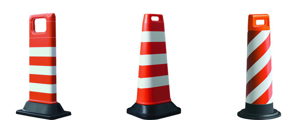 Fototapeta premium red and white striped traffic cones and bollard on white background