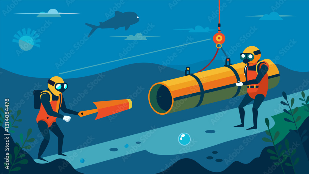 Poster In the depths of the ocean divers use advanced sonar technology to detect any hidden damages or anomalies on the underwater oil pipeline.. Vector illustration