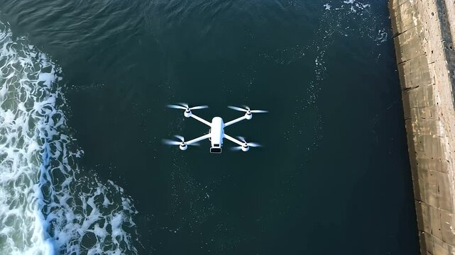 Aerial view of coastal sewer outfall with waves crashing