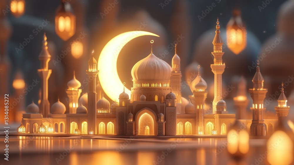 Poster illuminated mosque with moon and lanterns creating a peaceful atmosphere
