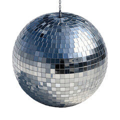 disco ball, mirrored sphere, reflective surface, silver tiles, dance floor accessory, 70s party icon on transparent