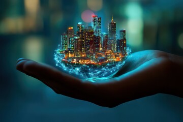 A creative conceptual image of a hand holding a tiny floating city wrapped in a digital network, with bright blue lighting