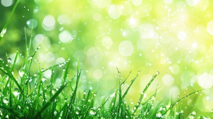 Obraz premium Bright green grass with water droplets and blurred background is lovely