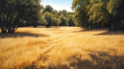 Fototapeta premium A serene landscape featuring golden grass and trees under a clear sky.