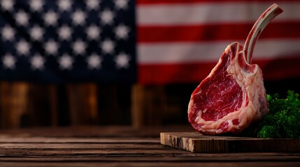 Tomahawk Steak on Rustic Board with American Flag Backdrop Displaying Culinary Patriotism
