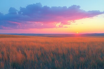 Fototapeta premium Golden prairie sunset, colorful clouds over vast grassland