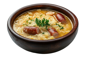 Slovak kapustnica sauerkraut soup with sausage isolated on transparent white background