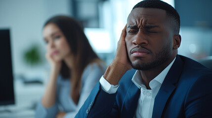 Fototapeta premium Stressed businessman tired at work with colleague in background sad mood office fatigue problem