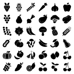 This image contains a collection of black silhouette icons depicting various fruits and vegetables. The icons are arranged in a grid pattern and include items such as strawberries, grapes, carrots, ga