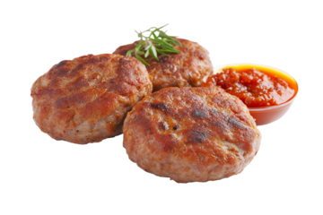 Serbian pljeskavica meat patty with ajvar isolated on transparent white background