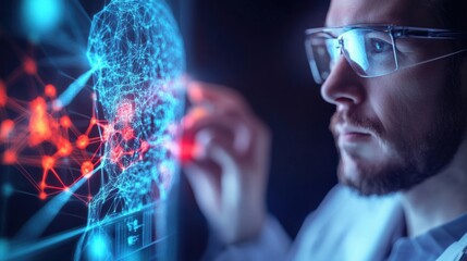 Innovative scientist analyzing ai technology futuristic lab digital visualization tech environment close-up view artificial intelligence impact