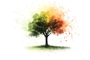 Obraz premium Vibrant watercolor tree illustration green orange autumn colors art leaf fall image nature design