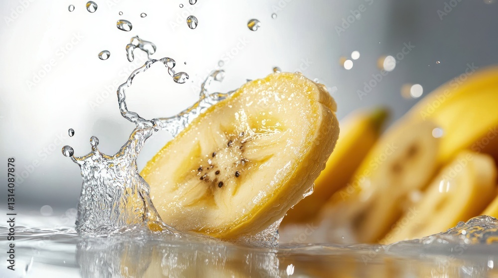 Poster a sliced banana submerged in water with splashing droplets displayed