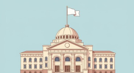 Classic government building with dome and flag on clear blue sky background