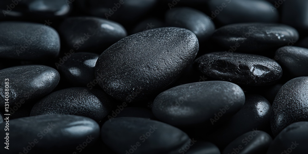 Poster sleek arrangement of smooth black pebbles creating a serene natural composition generative ai