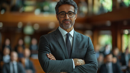 Fototapeta premium confident business leader stands with arms crossed, wearing suit and glasses, in professional setting with blurred audience in background