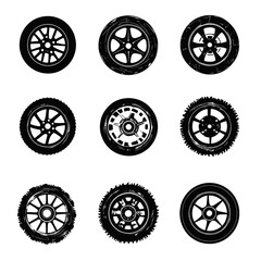 nine black wheel silhouettes on transparent background