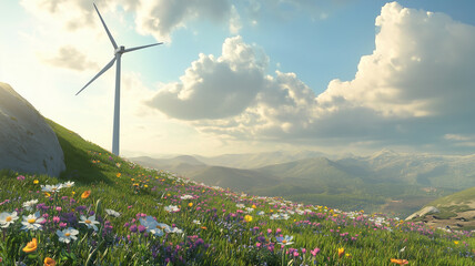 Wind turbines in the mountains, flower field, wind turbines in the alps.