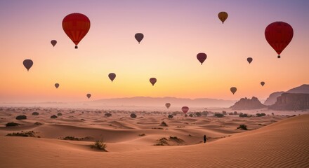 Fototapeta premium Hot air balloons over desert landscape at sunrise with sand dunes and mountains