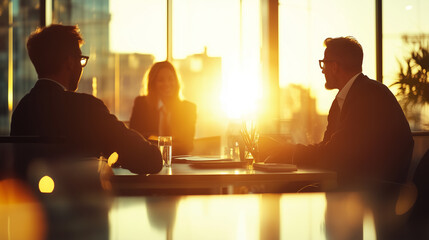 Businessmen in meetings, people in the office discussing, brainstorming, the evening sunset window of an office