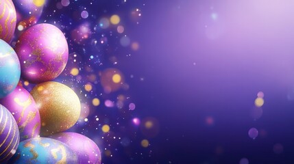 Colorful easter eggs arranged on vibrant purple background, festive holiday decoration with pastel tones and spring celebration theme.


