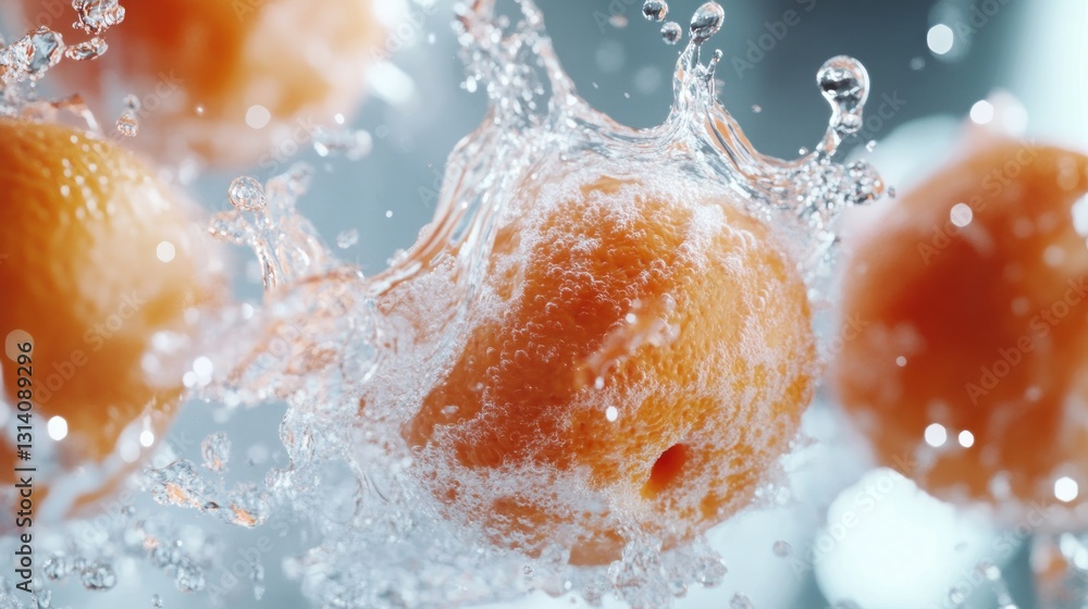 Poster oranges are shown being splashed by water creating a refreshing feel