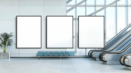 Three Blank Vertical Poster Mockups In Bright Airport Terminal Interior With Escalators Chairs Large Windows And City View Modern Advertising Space