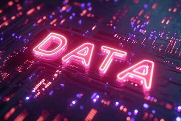 A creative neon "DATA" representation with glowing circuit elements and light trails on a dark background, highlighting digital data flow.