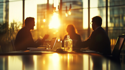 Businessmen in meetings, people in the office discussing, brainstorming, the evening sunset window of an office