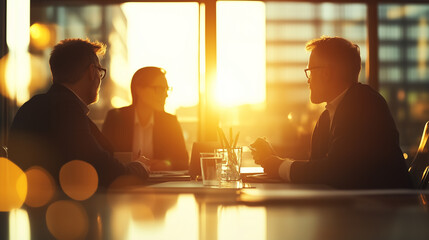 Businessmen in meetings, people in the office discussing, brainstorming, the evening sunset window of an office