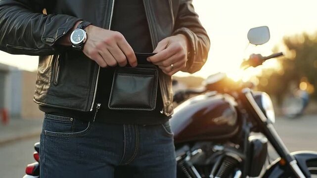 Biker Sliding Wallet into Leather Jacket with Gleaming Motorcycle