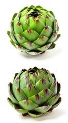 Obraz premium Two green artichokes with purple spots