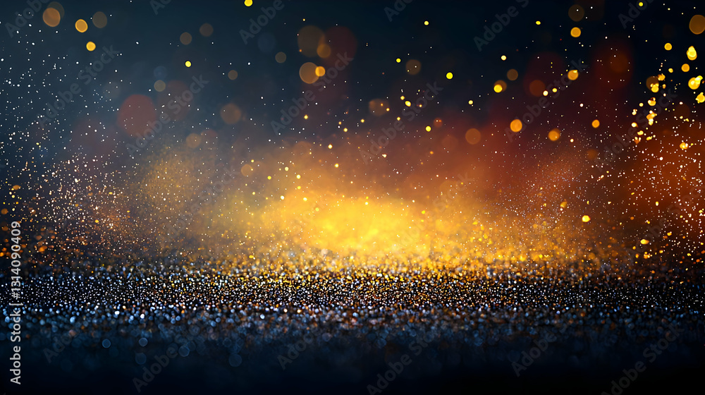 Poster golden glitter sparkles on a dark blurred background with bokeh effect and atmospheric lighting for 